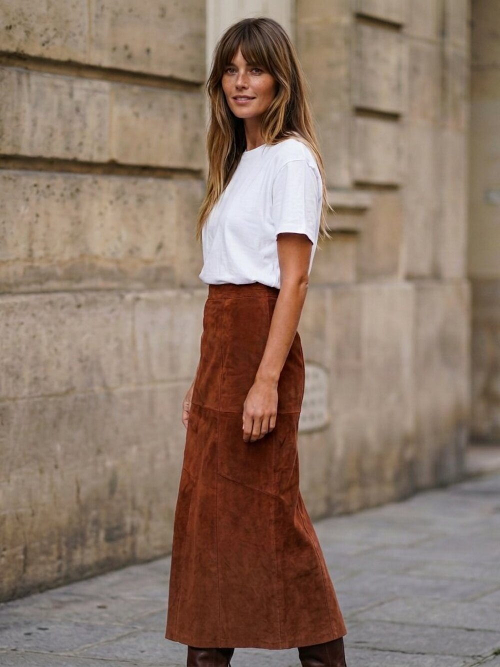 Suede Midi Skirt Vintage Leather Brown Suede Terracotta Long Maxi Skirt - Picture 3 of 16